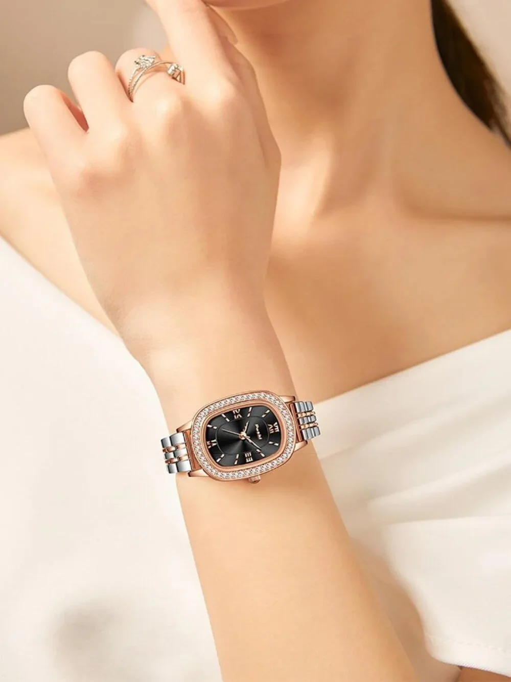 Women's Rose Gold-Black Waterproof Dainty Diamond Oval Analog Luxury Watches